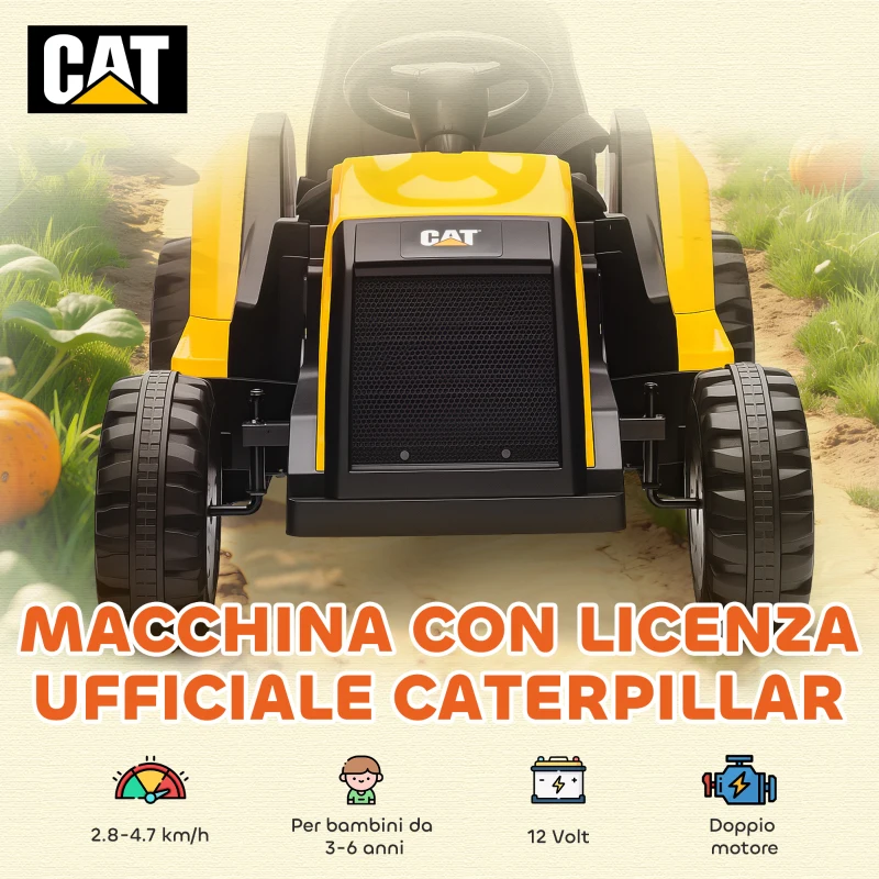 AIYAPLAY Macchina Elettrica per Bambini 3-6 Anni Marchio Ufficiale CAT 12V, Guida Manuale e con Telecomando, Giallo