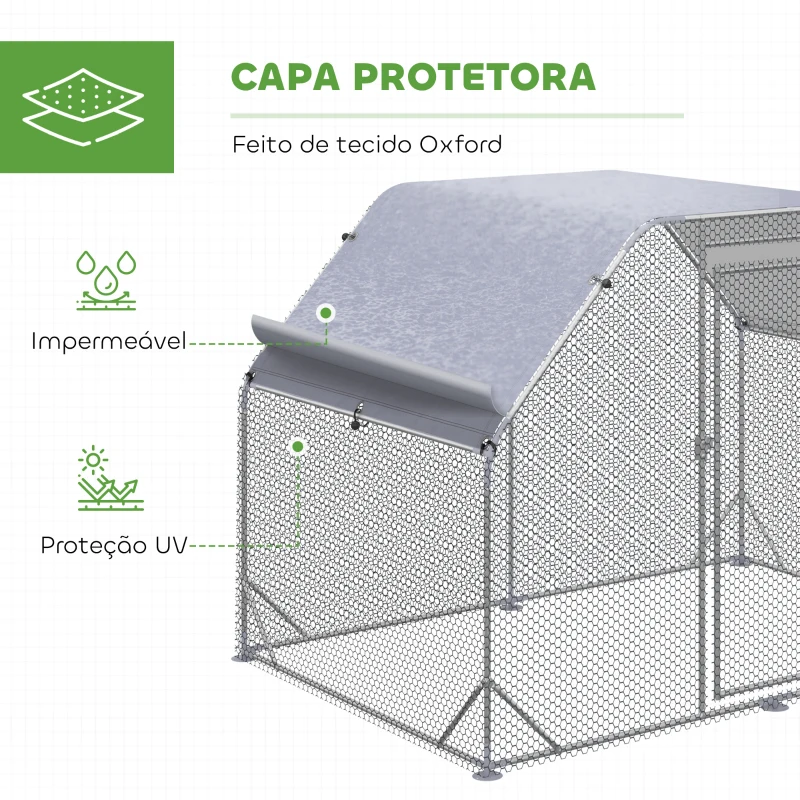 PawHut Galinheiro para Exterior Grande de Aço Galvanizado 280x190x195 cm Gaiola para Galinhas com Cobertura de Tecido Oxford Prata