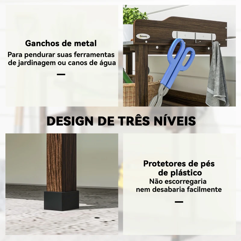Outsunny Mesa de Jardinagem de Madeira com Superfície Metálica Prateleiras e Ganchos para Jardim e Terraço 76x37x89 cm Carbonizado