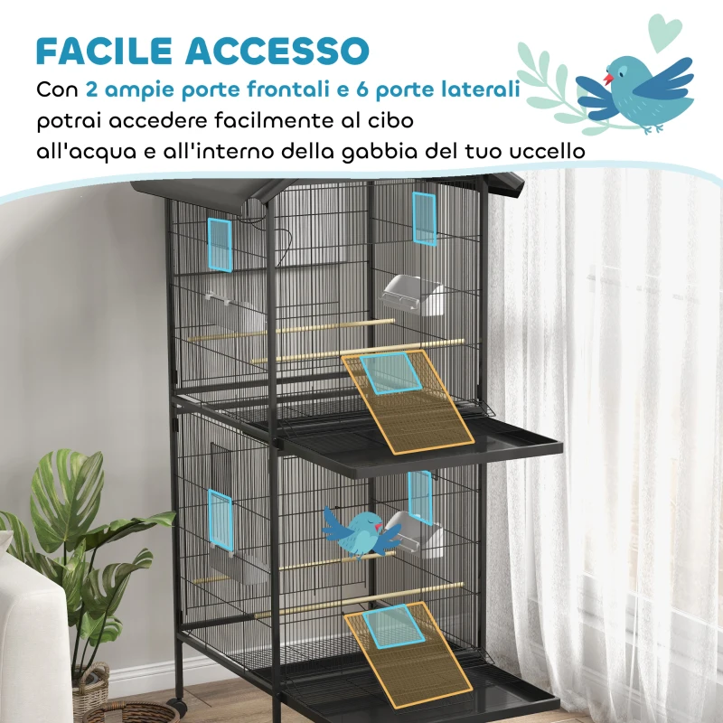 PawHut Voliera per Uccelli a Rotelle con Vassoi Estraibili in Plastica e Posatoi, in Metallo, 71.8x71.8x170.2 cm, Nero