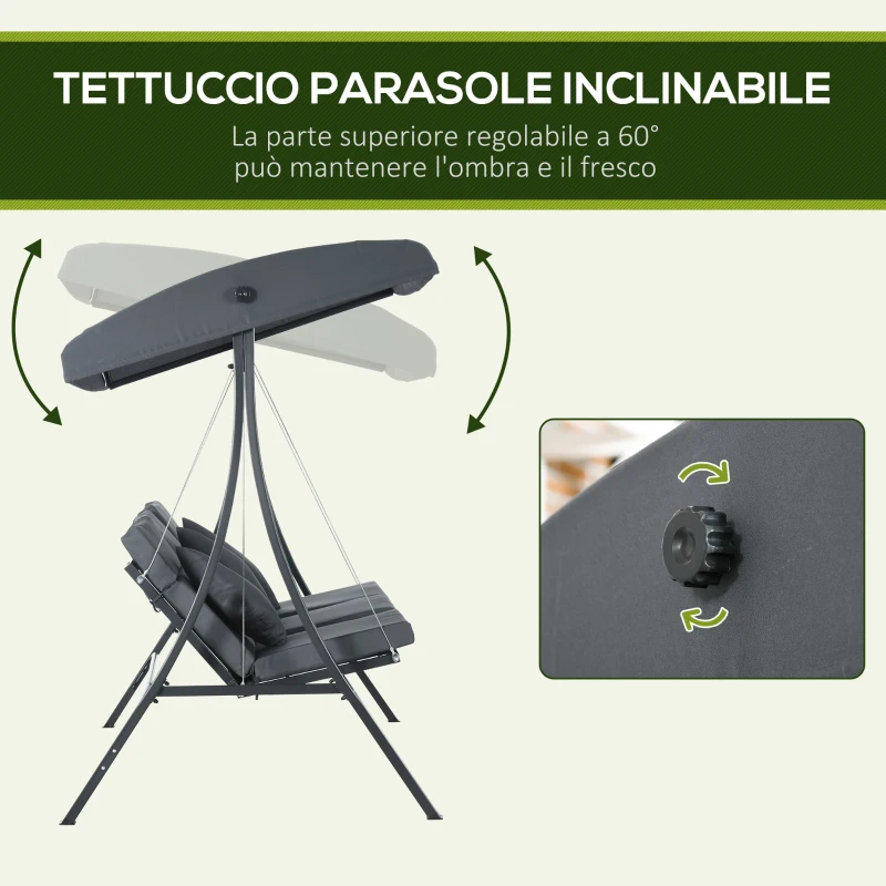 Outsunny Dondolo da Giardino 3 Posti con Tettuccio Regolabile, in Acciaio e Poliestere, 202x115x168 cm, Grigio Scuro