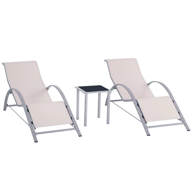 Outsunny Set 2 Gartenliegen und Beistelltisch mit Glasplatte, Sonnenliege mit atmungsaktivem Gewebe, 59x169x66 cm, Creme