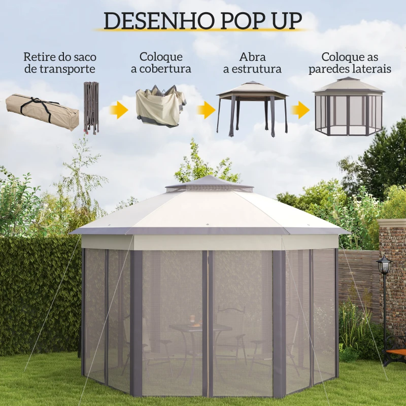Outsunny Tenda Dobrável 4x3,4 m Hexagonal com Duplo Teto 6 Mosquiteiras Destacáveis e Saco de Transporte Castanho e Bege
