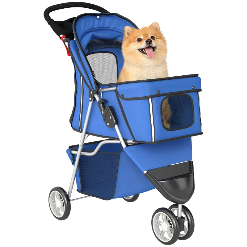 PawHut Carrito para Perros Pequeños con Cesta de Almacenaje Ventanas de Malla y Cinturón de Seguridad 77x44x102 cm Azul