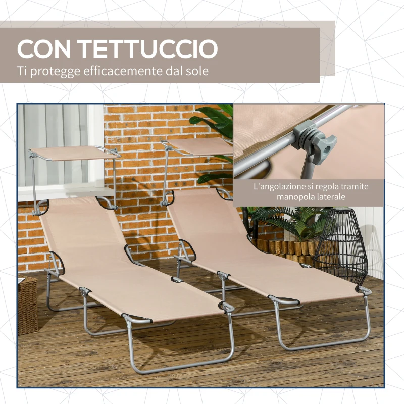 Outsunny Set 2 Sdraio da Giardino Pieghevoli con Tettuccio Regolabile, in Tessuto Oxford e Metallo, 187x58x36 cm, Marrone