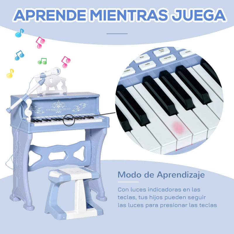 HOMCOM Piano Electrónico Infantil de 37 Teclas Juego de Piano con Modelo Pedagógico Micrófono Taburete Luces y 22 Canciones USB/MP3/Bluetooth Karaoke 53,5x27x63 cm Azul