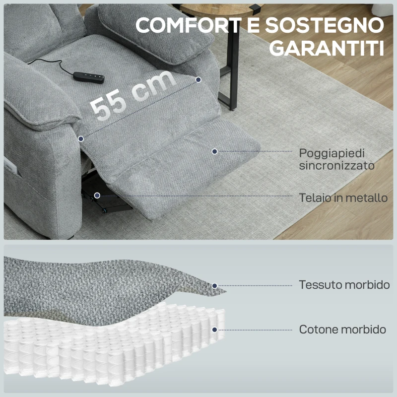 HOMCOM Poltrona Reclinabile 150° Effetto Velluto con Poggiapiedi, Telecomando e Tasca Laterale, 96x90x103 cm, Grigio
