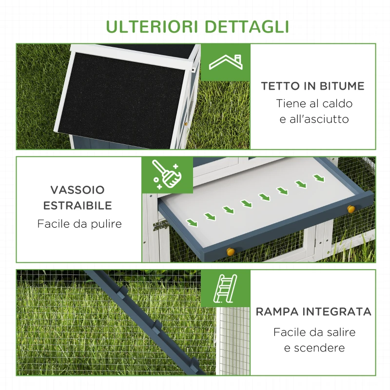 PawHut Pollaio Prefabbricato in Legno con Area Aperta, Casetta e Nido, 161.5x62.5x115cm, Grigio