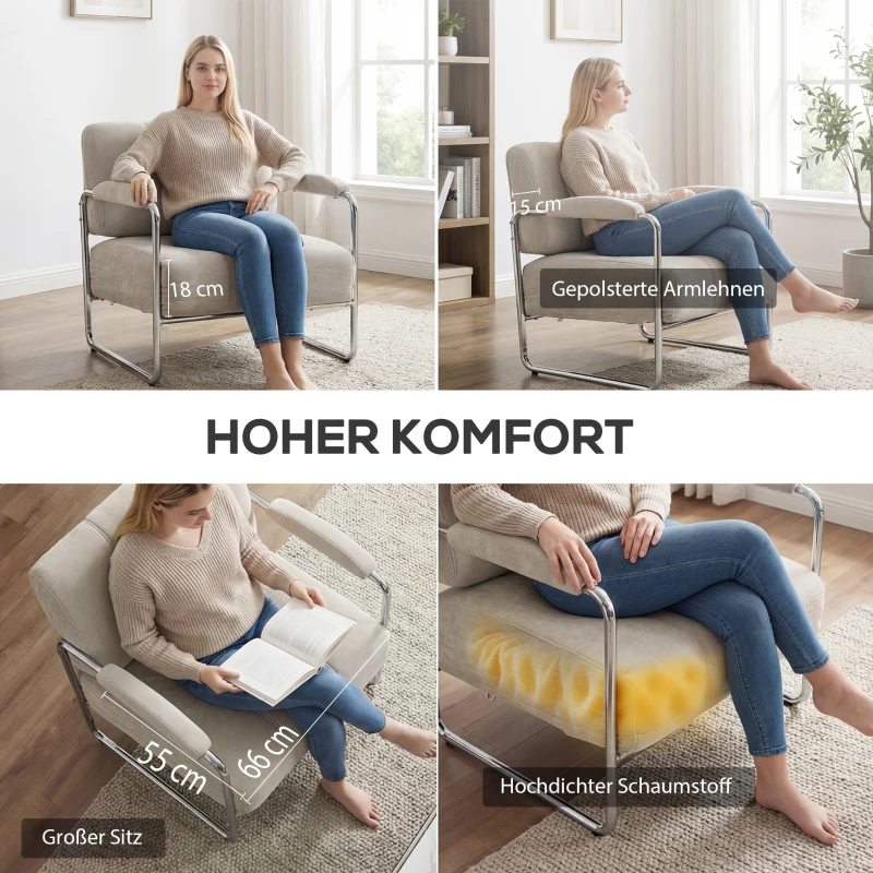 HOMCOM Moderner Sessel, Akzentstuhl mit breitem Sitz und dicker Polsterung, Chenille-Polsterstuhl fürs Wohnzimmer, Beige