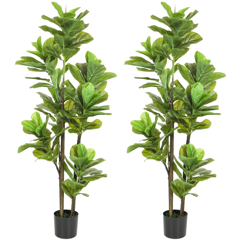 HOMCOM Set de 2 plante artificiale de interior 150 cm, plantă falsă ficus lyre cu ghiveci din ciment, verde