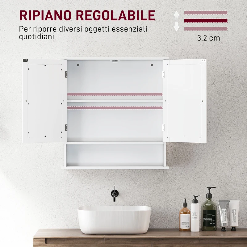 kleankin Armadietto Bagno da Parete con 2 Ante a Specchio e Ripiano Aperto, 56x13x58 cm, Bianco