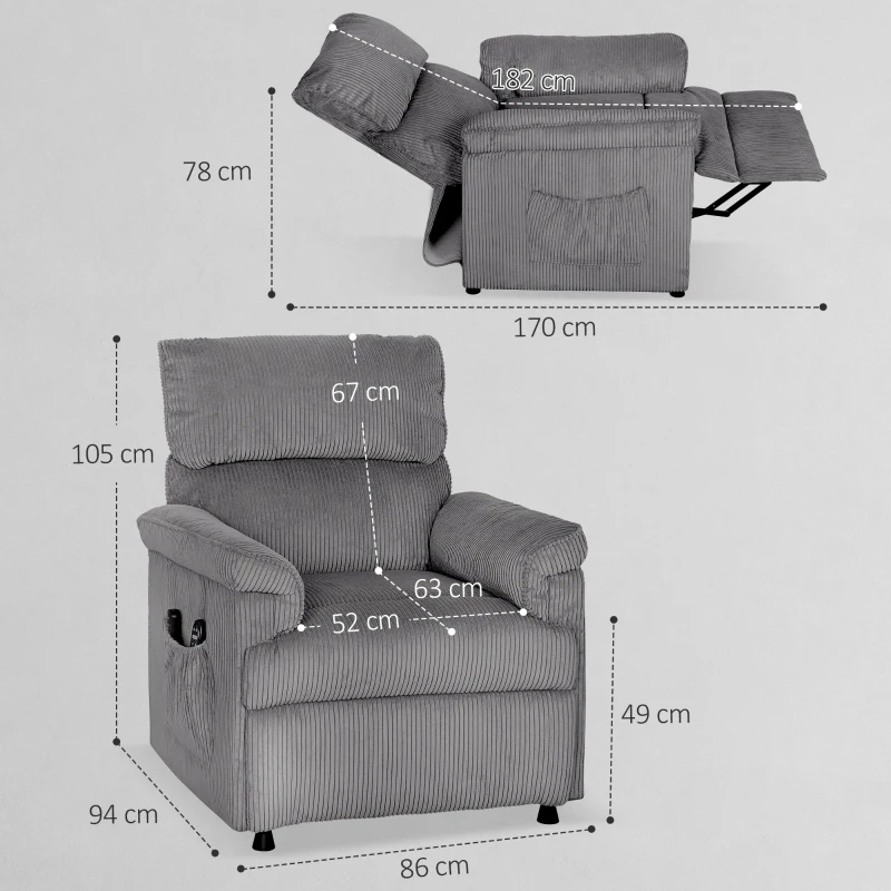 HOMCOM Corduroy Electric Massage Recliner - Grey