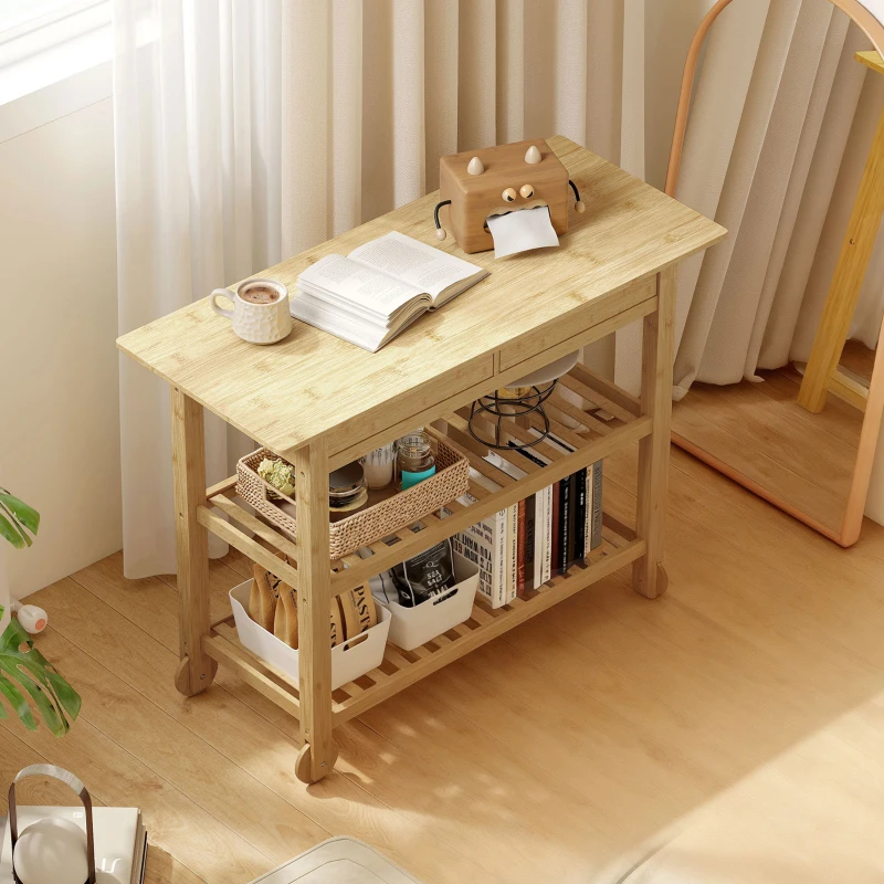 HOMCOM Carrello Cucina in Legno di Bambù con 2 Cassetti, 2 Ripiani a Doghe e 2 Rotelle, 100x43x75 cm, Legno