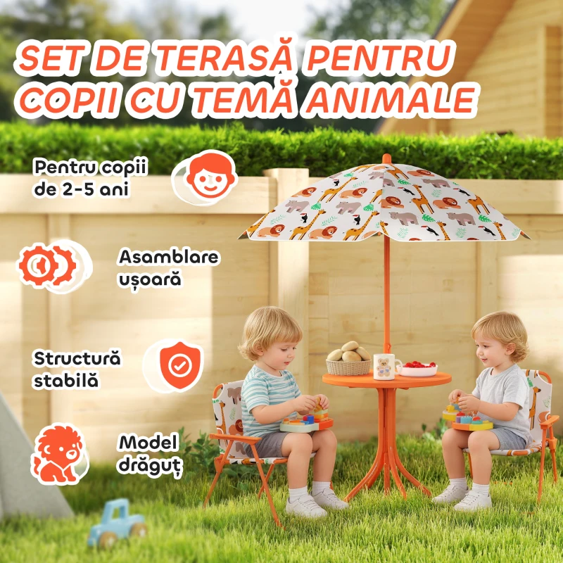 AIYAPLAY Set de Grădină pentru Copii, Masă și Scaune cu Umbrelă, Masă de Picnic pentru Exterior cu 2 Scaune Pliabile pentru Copii de 2-5 Ani, Portocaliu