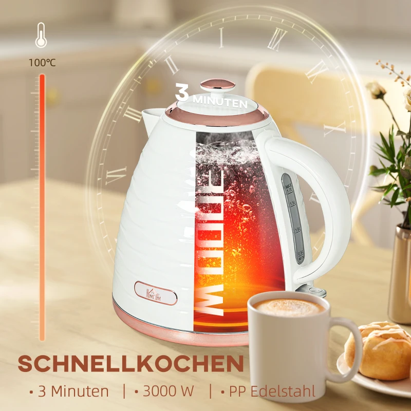 HOMCOM Elektrische Waterkoker, 1,7L, 2,2kW, Snelkookfunctie met Afneembaar Wasbaar Anti-kalkfilter