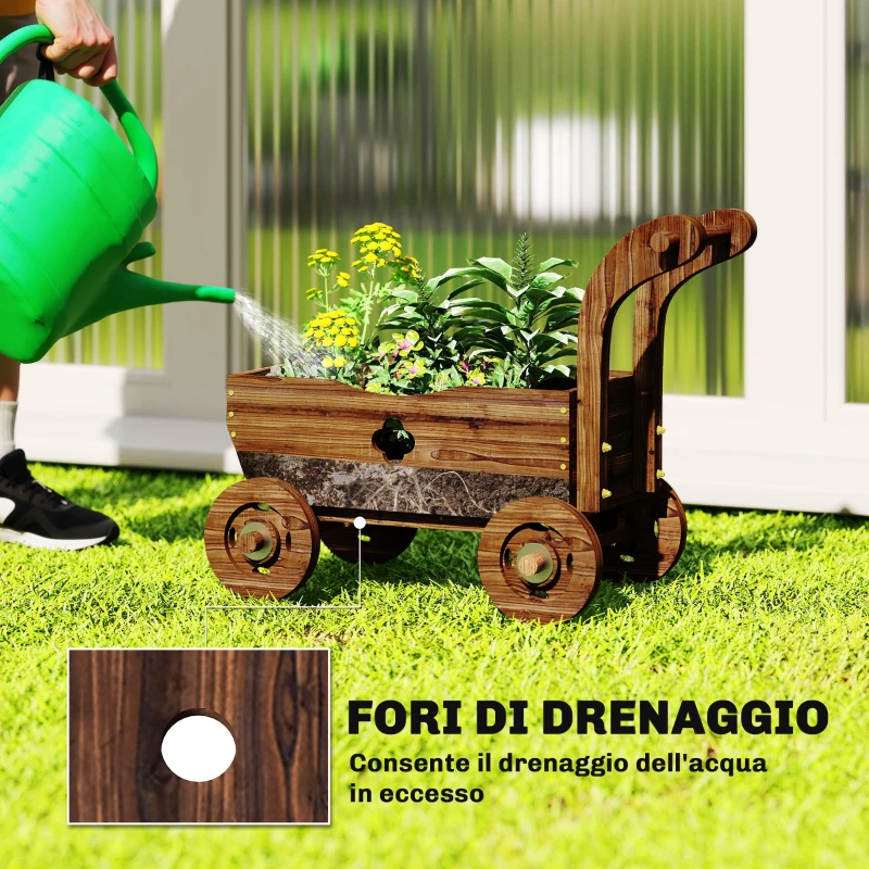 Outsunny Fioriera in Legno a Carretto con 4 Ruote, Maniglia e Fori di Drenaggio, 68x38x52 cm, Legno