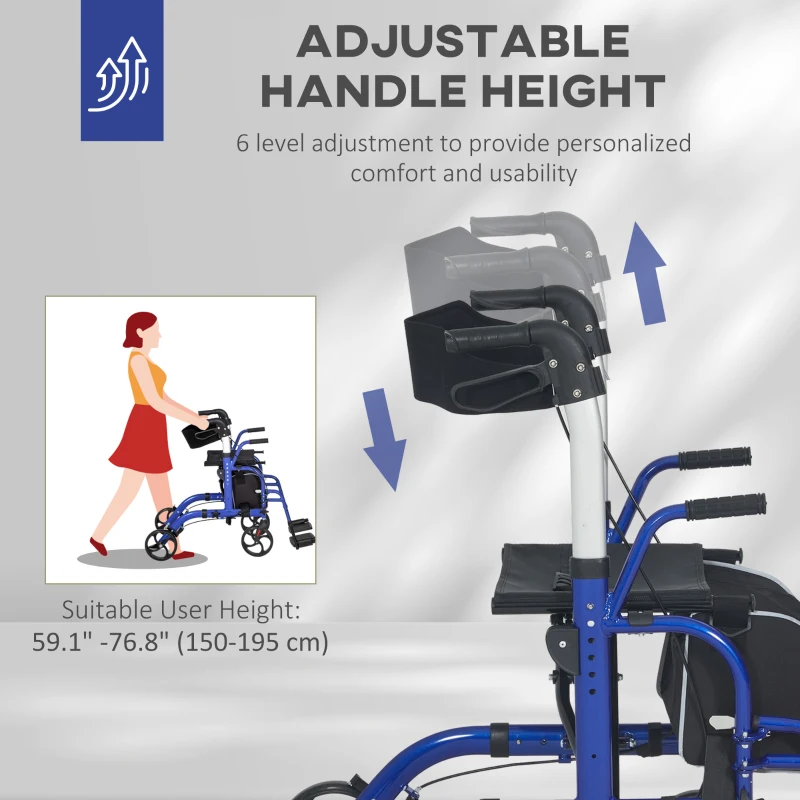 HOMCOM 2 in 1 Wheelchair Transport Chair & Folding Rollator Walker with Seat, Backrest, Footrest, Lightweight Walking Frame with Bag, Adjustable Height, 4 Wheeled Walker for Seniors, Pearl Blue