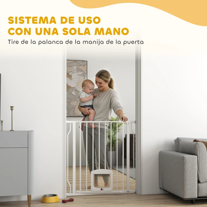 PawHut Barrera de Seguridad para Perros con Puerta Pequeña para Escaleras y Puertas 75-85 cm con Doble Bloqueo Blanco