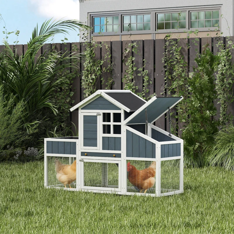 PawHut Pollaio Prefabbricato in Legno con Area Aperta, Casetta e Nido, 161.5x62.5x115cm, Grigio