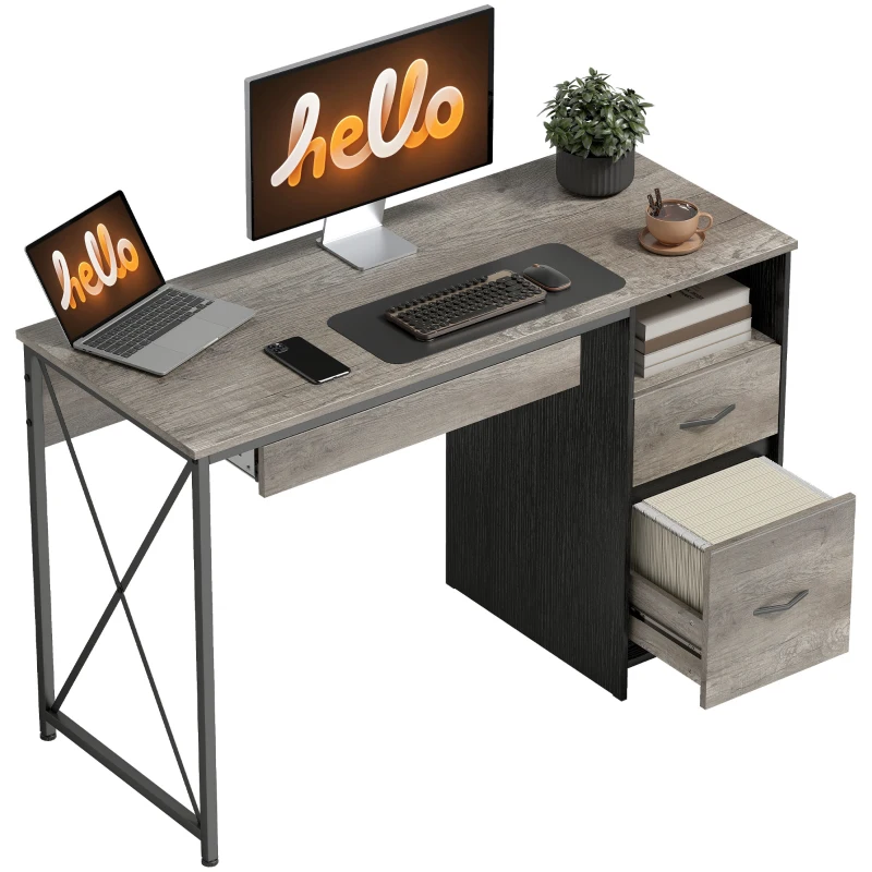 HOMCOM Bureau d'ordinateur, 120×50cm, bureau avec rangement, plateau clavier, compartiment ouvert et 2 tiroirs, gris