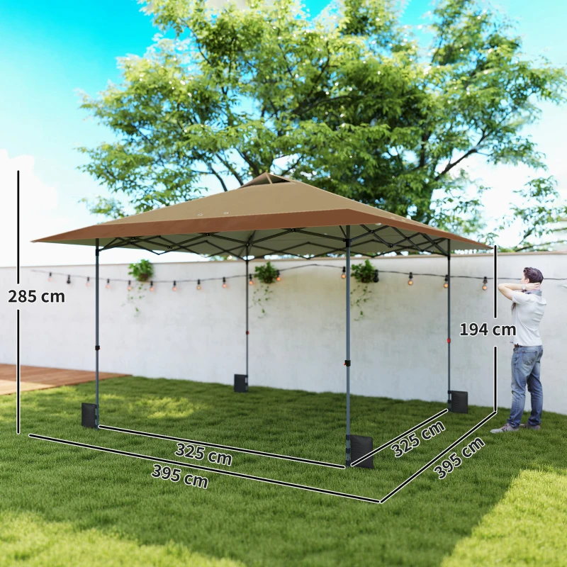 Outsunny Carpa Plegable Pop-up 4x4 m con Bloqueo Central UPF50+ Altura Ajustable Bolsas de Arena y Bolsa con Ruedas Beige y Café