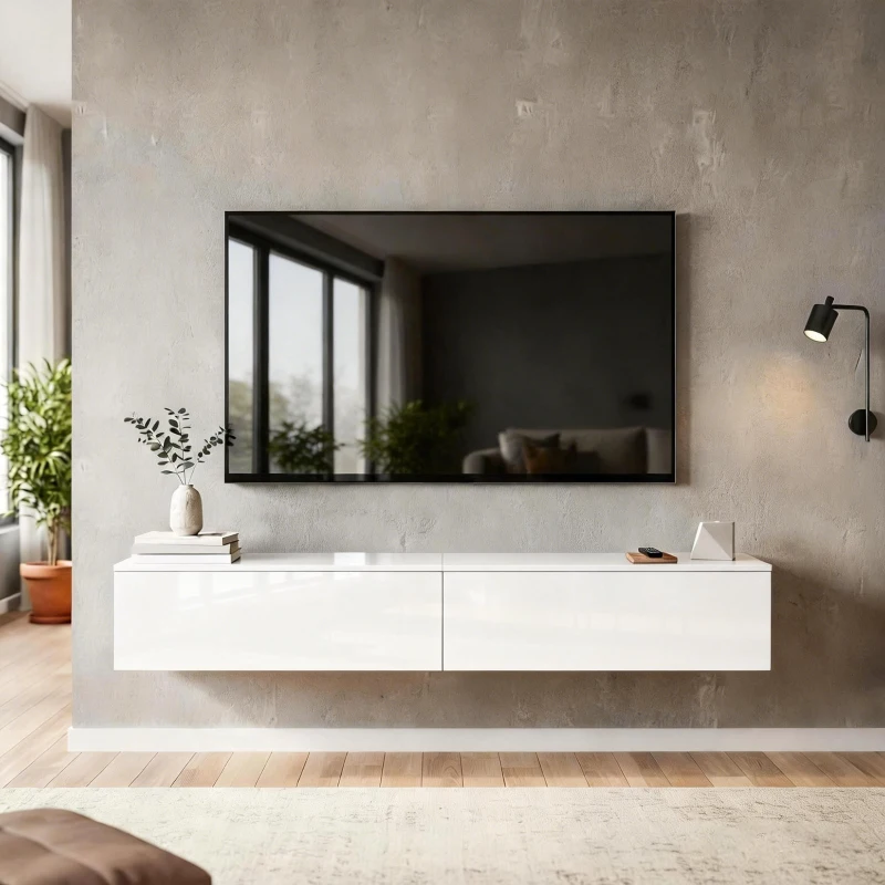 HOMCOM Móvel para TV até 190.5 cm Suspenso com Portas com Fecho de Pressão, 180x33x30 cm, Branco Lacado