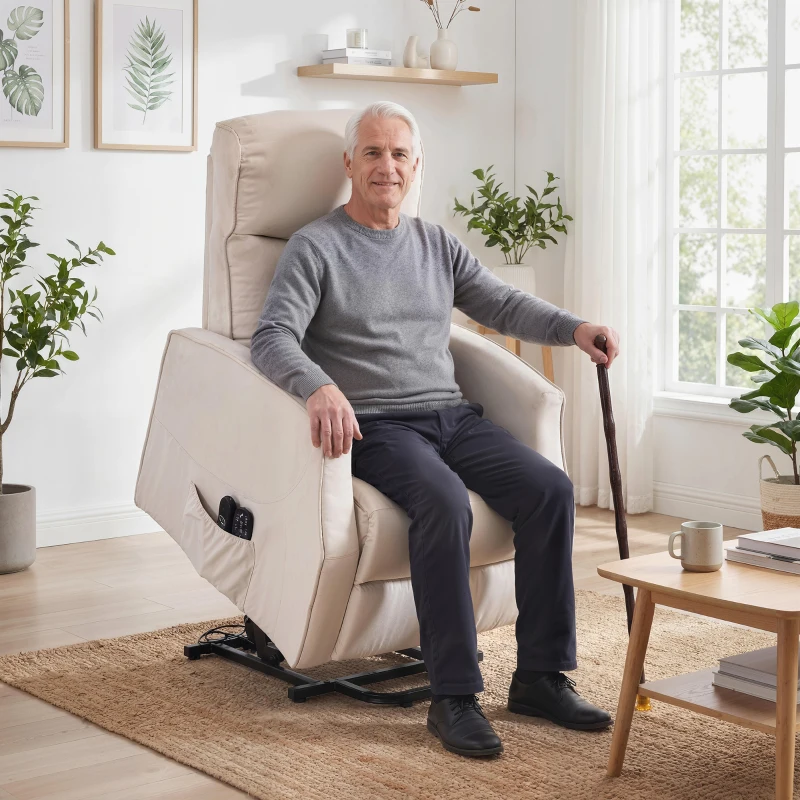 HOMCOM Poltrona Elevatória Reclinável 150° com Porta USB e Apoio para Pés Efeito Linho 74x92x110 cm Branco Creme