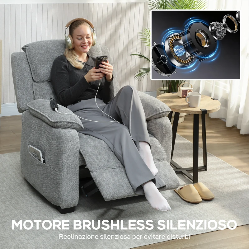 HOMCOM Poltrona Reclinabile 150° Effetto Velluto con Poggiapiedi, Telecomando e Tasca Laterale, 96x90x103 cm, Grigio