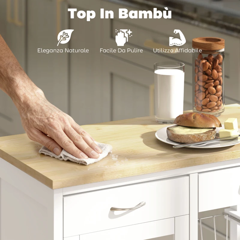 HOMCOM Carrello da Cucina in Bambù con 2 Cassetti, Armadietto, Ripiano e 2 Cestini in Acciaio, 67x35x80 cm, Bianco