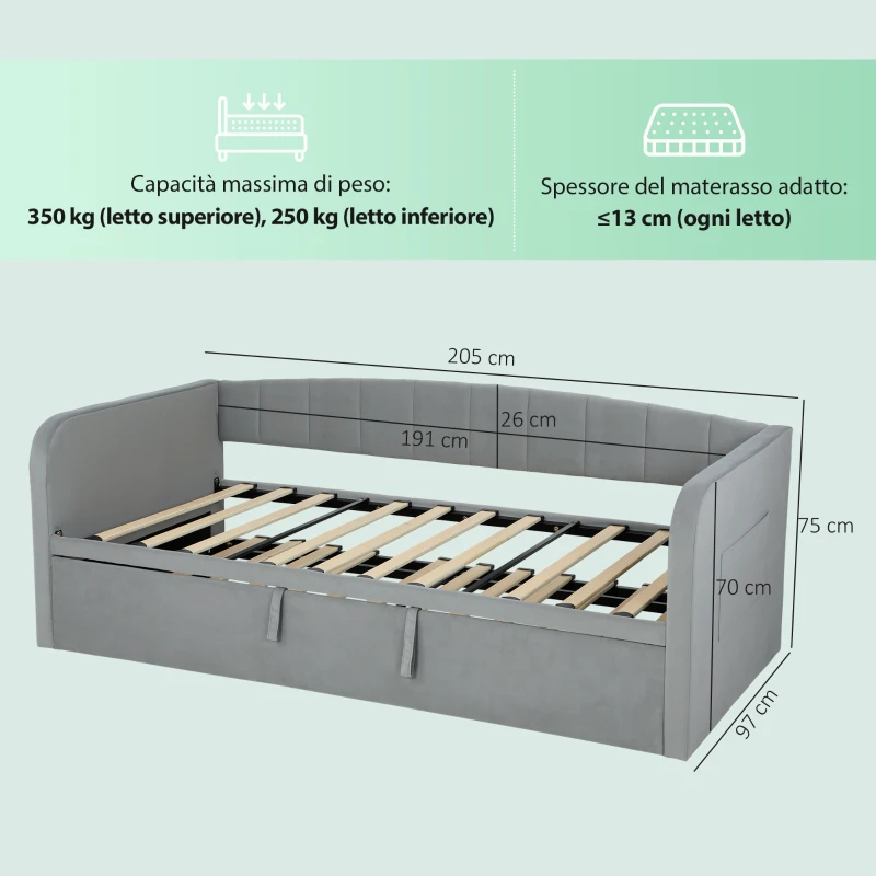 HOMCOM Letto Divano 3 Posti con Lettino Estraibile Convertibile in Letto Matrimoniale,205x186x75 cm, Grigio Chiaro