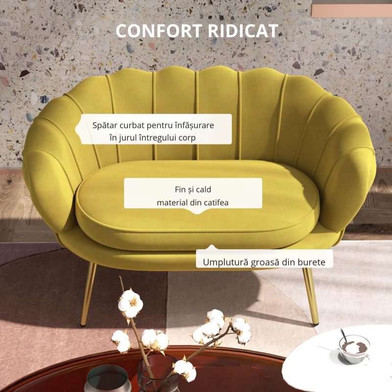 HOMCOM Canapea Modernă de 2 Locuri cu Brațe și Șezut Căptușit, pentru Dormitor și Sufragerie, 130x77x77 cm, Galben(m-5)