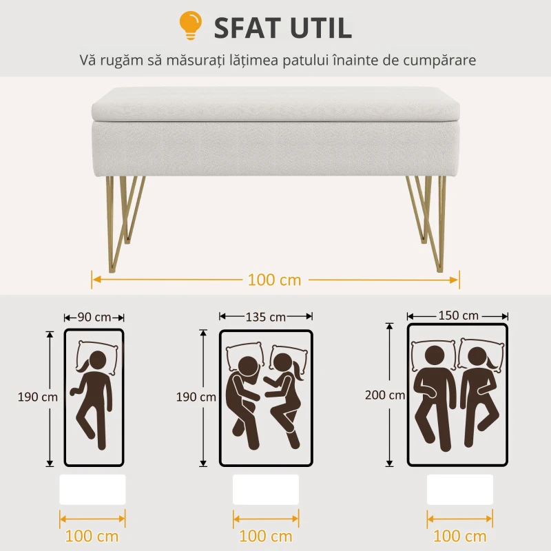 Homcom Bancuta Otoman 100 cm – Tapitata cu Depozitare & Picioare Elegante