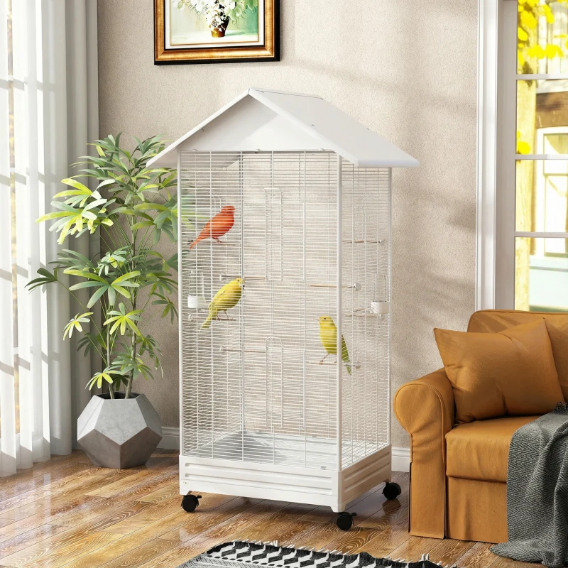 PawHut Cage oiseau sur pied volière oiseaux intérieure sur roulettes 2 mangeoires 8 perchoirs 79 x 65 x 155 cm fil d'acier blanc