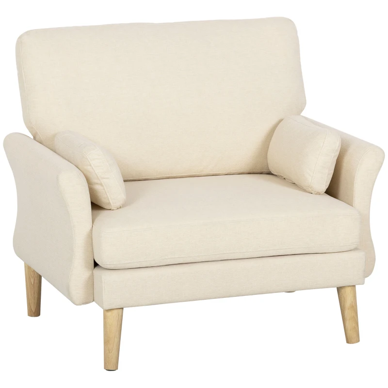 HOMCOM Fluwelen fauteuil, oversized accentstoel met houten poten, leesstoel voor woon- en slaapkamer, crèmewit