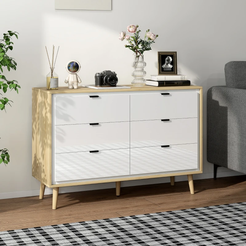 HOMCOM Cassettiera con 6 Cassetti in Legno per Camera da Letto, 110x40x75 cm, Bianco Lucido e Rovere