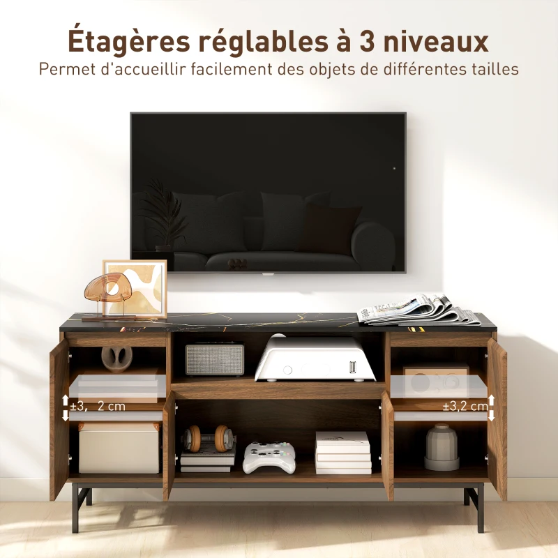 HOMCOM Meuble TV jusqu'à 65 pouces meuble télé bois avec compartiment ouvert et passe-câbles, effet marbre, 140x39x66cm, noyer