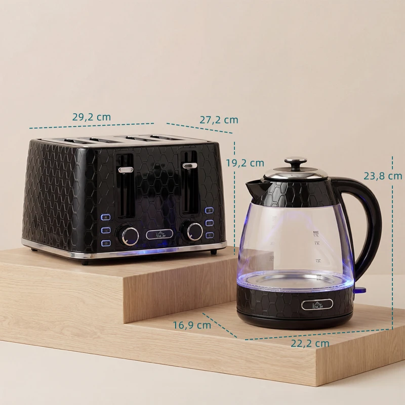 HOMCOM 1,7L 2200W Schnellkoch-Wasserkocher und 4-Scheiben-Toaster-Set mit Kalkfilter, Schwarz