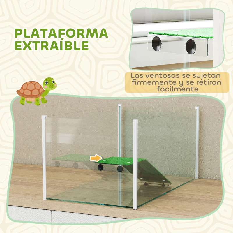 PawHut Acuario para Tortugas Terrario de Tortugas con Plataforma Rampa y Vista Panorámica 360° 60x35x28 cm Blanco