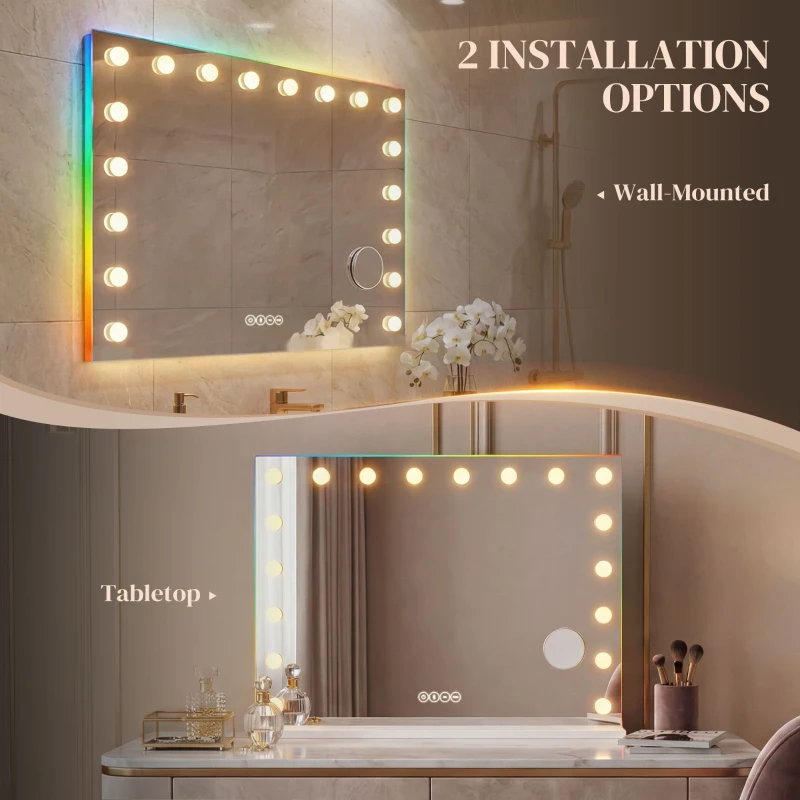 HOMCOM Espejo de maquillaje estilo Hollywood con 18 lámparas LED regulables, 3 colores, luz RGB, altavoz Bluetooth, aumento 10x Blanco