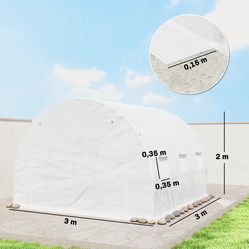Outsunny Kassenfolie 3 x 3 m, waterdichte polyethyleenfolie met oproldeur, 6 ramen, UV-bescherming wit