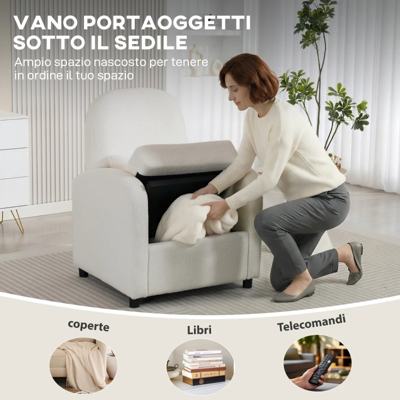 HOMCOM Poltrona Moderna con Spazio Contenitore a Scomparsa e Cuscino, Rivestimento in Pile Teddy, 76x77x95 cm, Crema