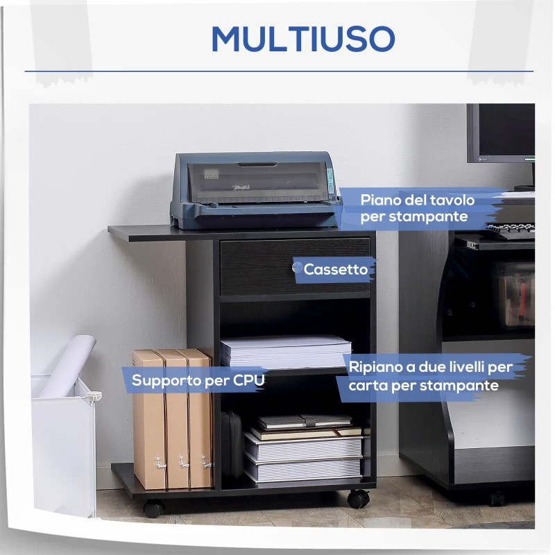 Vinsetto Mobile Porta Stampante in Legno Nero con 1 Cassetto, 2 Ripiani e Mensola CPU, per Ufficio 60x40x68.5cm