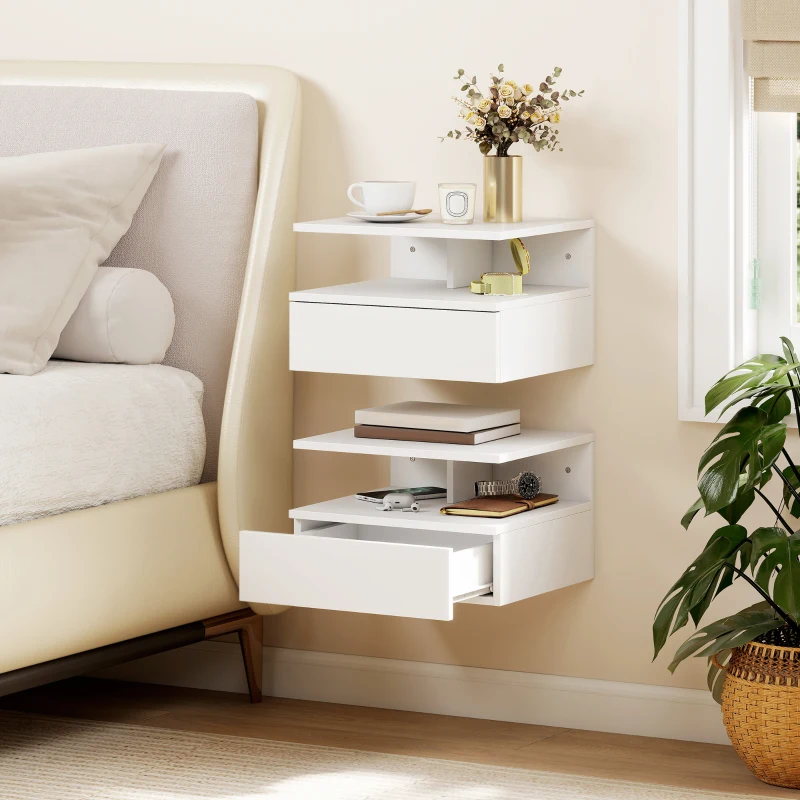 HOMCOM Set di 2 Comodini Sospesi con Cassetto e Mensola Aperta, 35x32x22.5 cm, Bianco