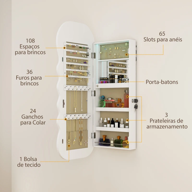 HOMCOM Espelho-Joalheiro com Luz LED Montado na Parede ou na Porta com Fechadura, Espelho de Corpo Inteiro Branco