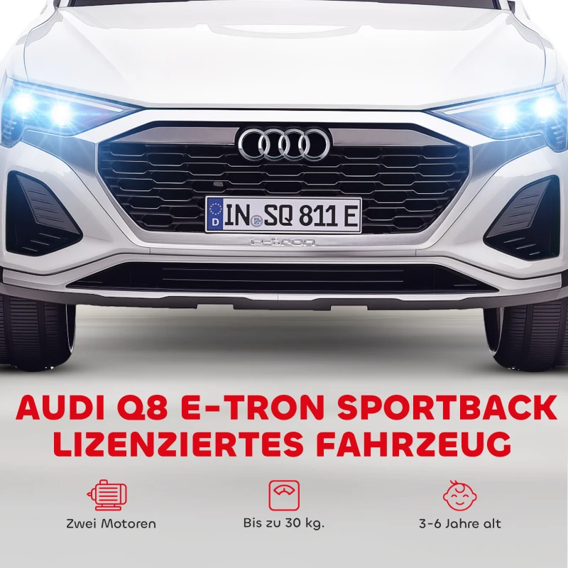 AIYAPLAY Elektro-Kinderauto, 12V Audi Q8, 3-5 km/h, Fernsteuerung, Scheinwerfer, Musik, Weiß