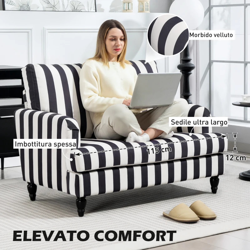 HOMCOM Poltrona da Salotto con Seduta Ampia in Velluto a Righe con Molle a S, 115x82x82 cm, Nero e Bianco