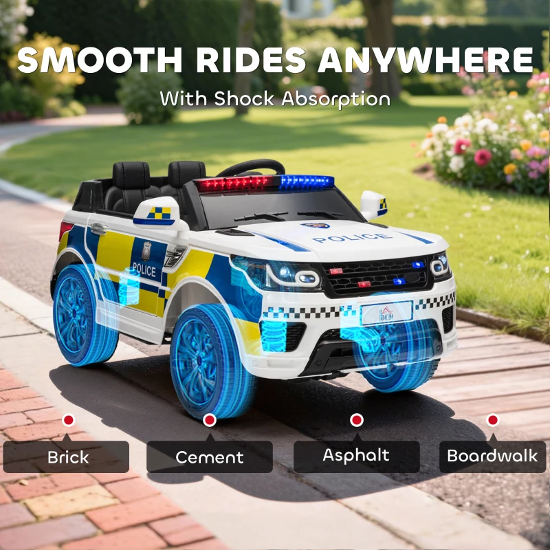 HOMCOM 12V Electric Car for Kids, Ride on Police Car with 2 Motors, Remote Control, Siren Flashing Lights, Suspension, USB, Auxiliary Wheels, Pull handle, for 3-6 Years, White