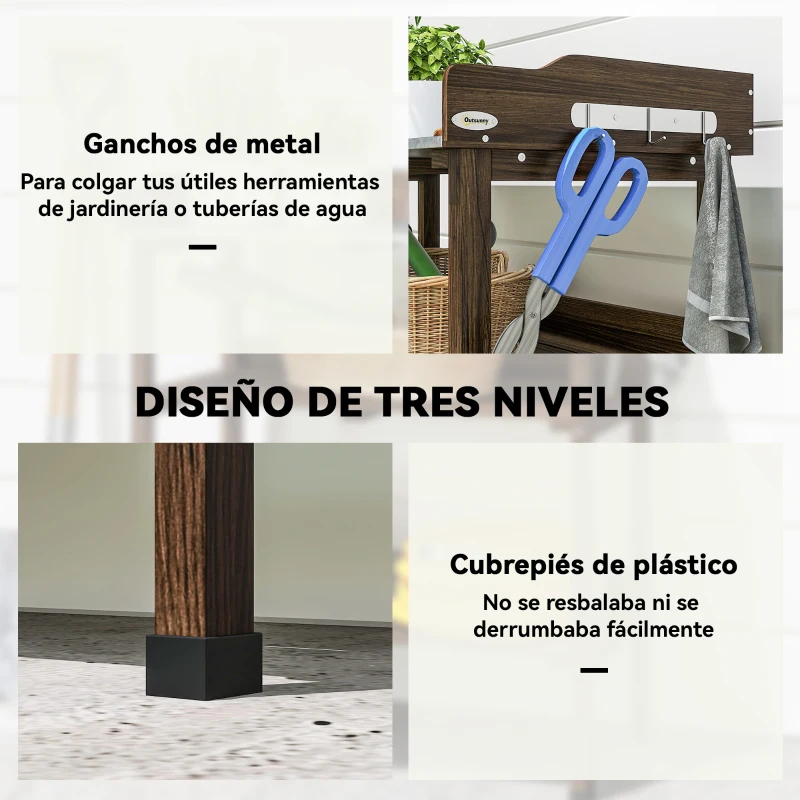 Outsunny Mesa de Jardinería de Madera con Superficie Metálica Estantes y Ganchos para Jardín Terraza 76x37x89 cm Carbonizado
