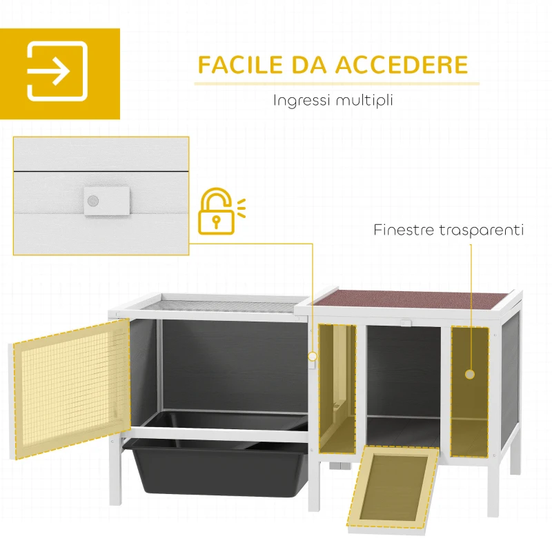 PawHut Conigliera da Esterno con Casetta, Area di Corsa e Vassoio, in Legno, Metallo e PET, 105x57.5x51.5 cm, Grigio