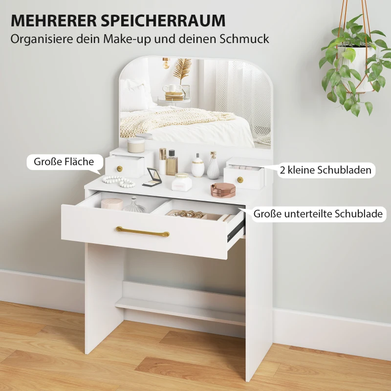 HOMCOM Make-uptafel met spiegel, compacte make-uptafel met 3 lades, Wit